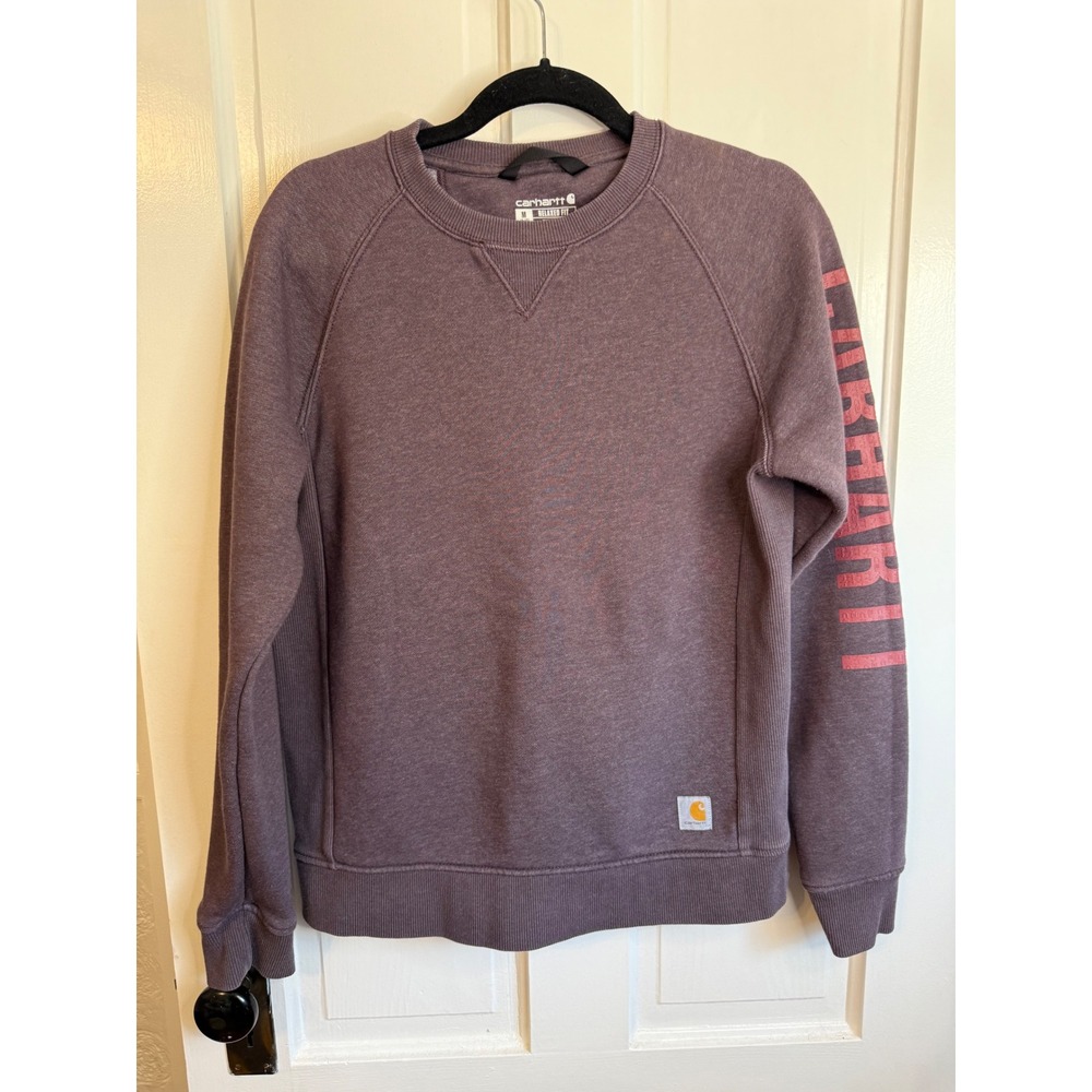 Carhartt Womens Relaxed Fit Graphic Logo Sleeve Sweatshirt Purple M - Picture 1 of 6